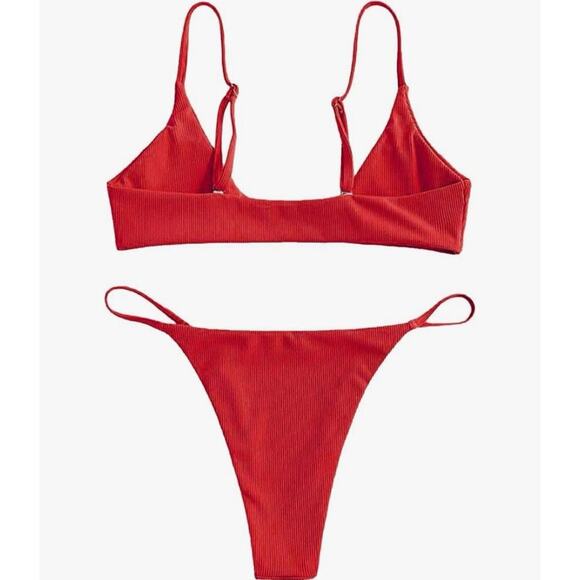 Zaful Red O-Ring Bikini Set Medium Women’s Ribbed Triangle Swimwear Two Piece - Picture 5 of 9